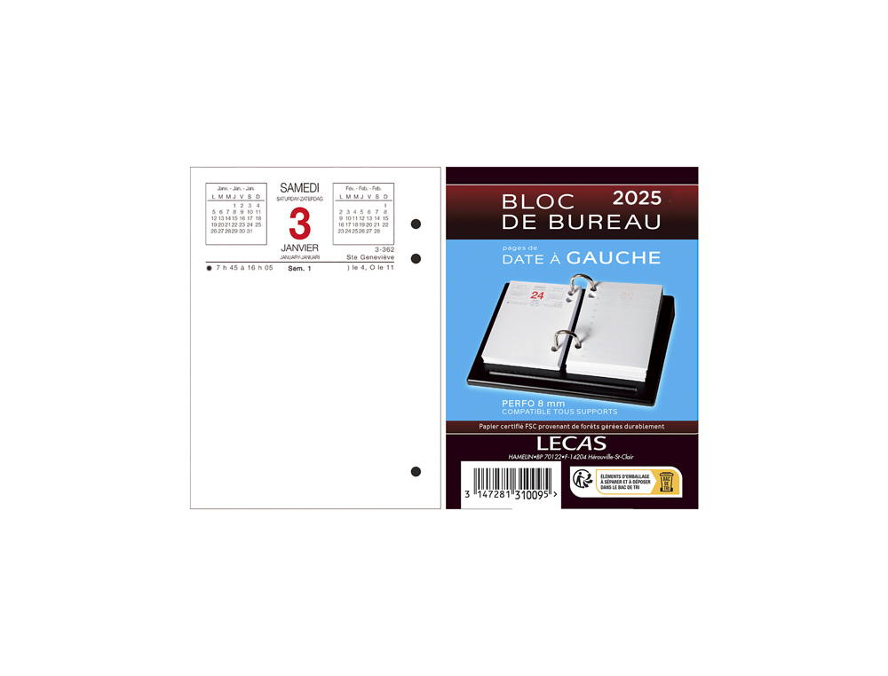 CALENDRIER LECAS BLOC DATE A GAUCHE 2025 1JOUR/PAGE 8,5X11,5CM