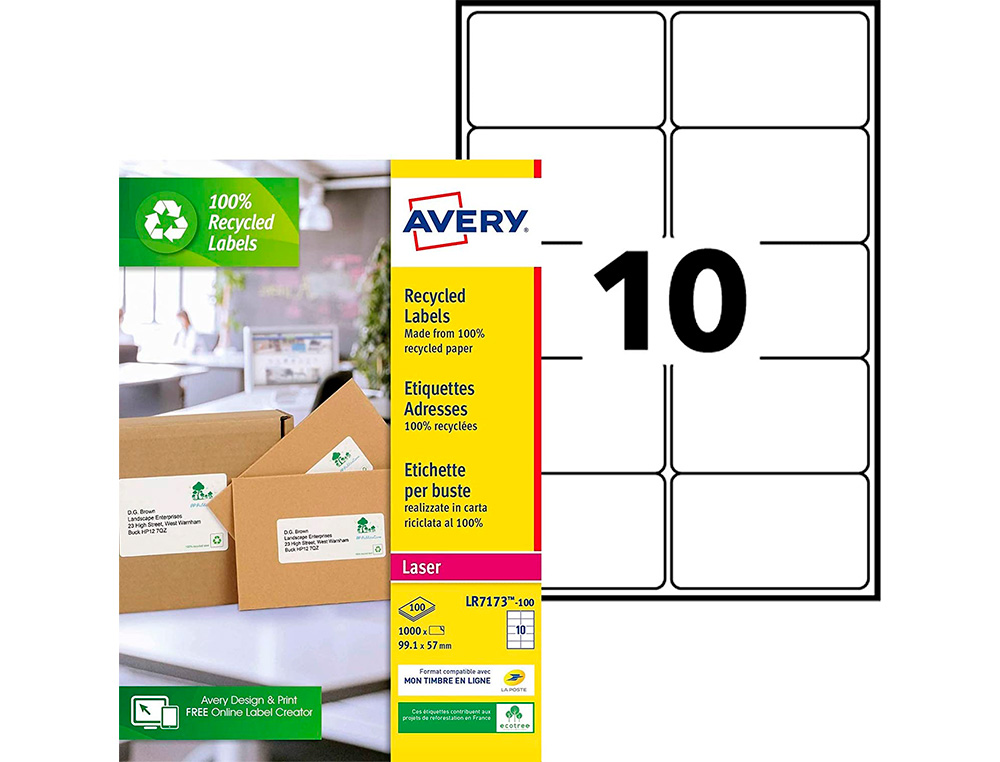 ETIQUETTE AUTOCOLLANTE AVERY ADRESSE RECYCLEE LASER BLANC 99,1 X 57MM BOITE DE 1000 ETIQUETTES BOITE DE 150