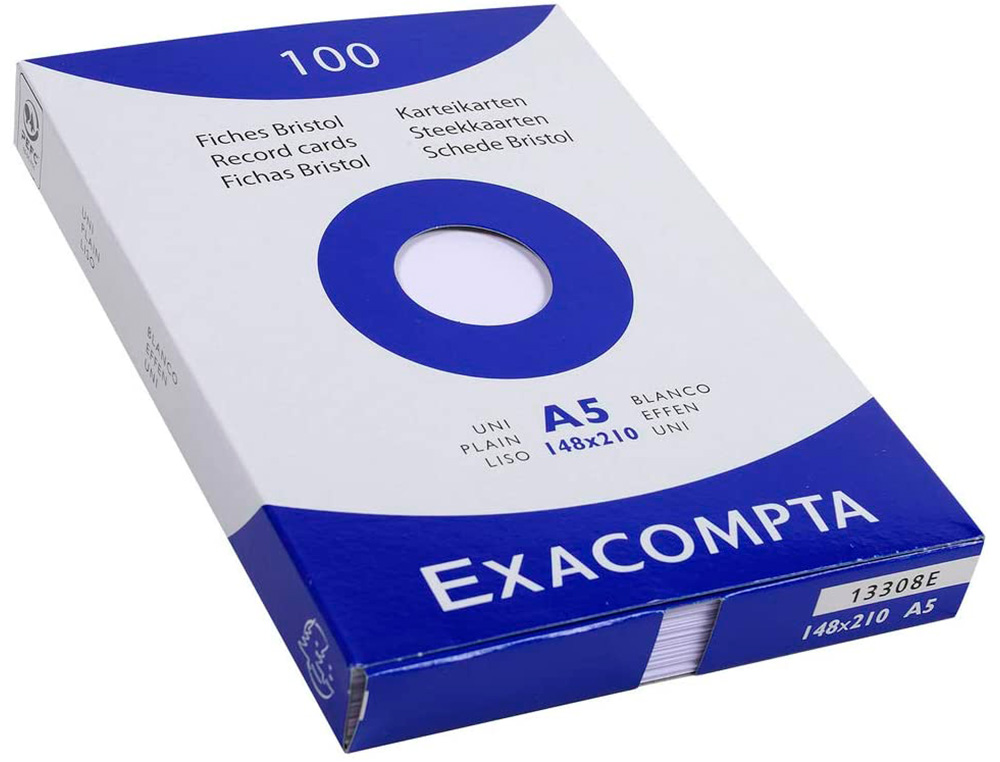 ETUI 100 FICHES EXACOMPTA BRISTOL UNI NON PERFOREE BLANC 148X210MM