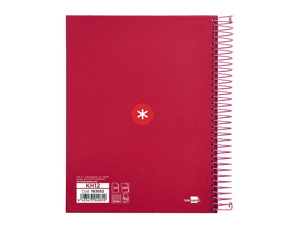 CAHIER SPIRALE ANTARTIK A5 14,8X21CM 240P 90G/M2 5X5MM 6 TROUS COIL-LOCK COLORIS FRAMBOISE