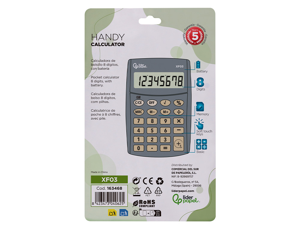 CALCULATRICE DE POCHE LIDERPAPEL XF03 8 CHIFFRES    AVEC PILE 99X64X9 MM COLORIS  GRIS
