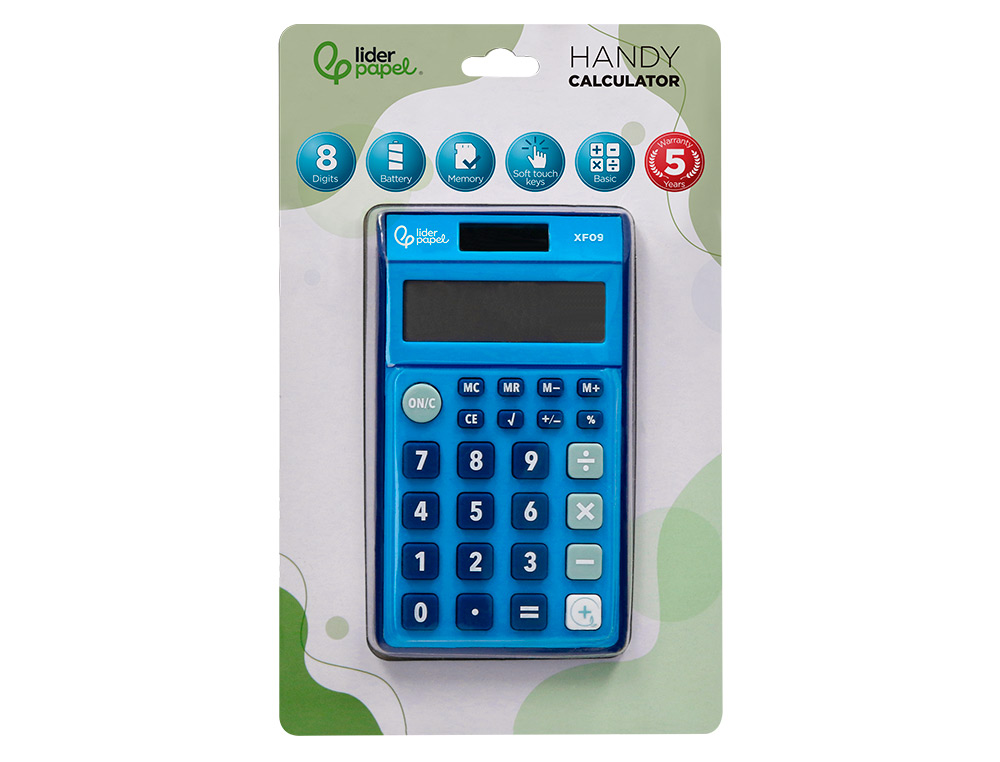 CALCULATRICE DE POCHE LIDERPAPEL XF09 8 CHIFFRES    SOLAIRE ET PILES 115X65X8 MM  COLORIS BLEU