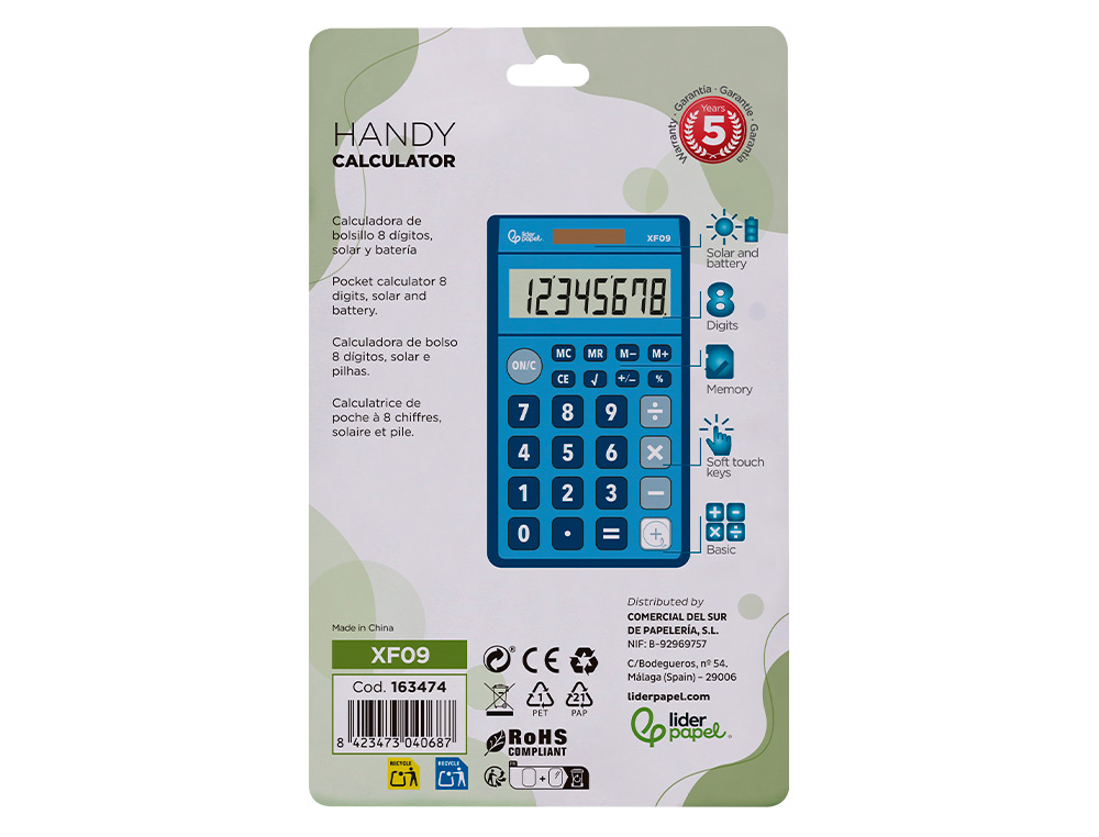 CALCULATRICE DE POCHE LIDERPAPEL XF09 8 CHIFFRES    SOLAIRE ET PILES 115X65X8 MM  COLORIS BLEU