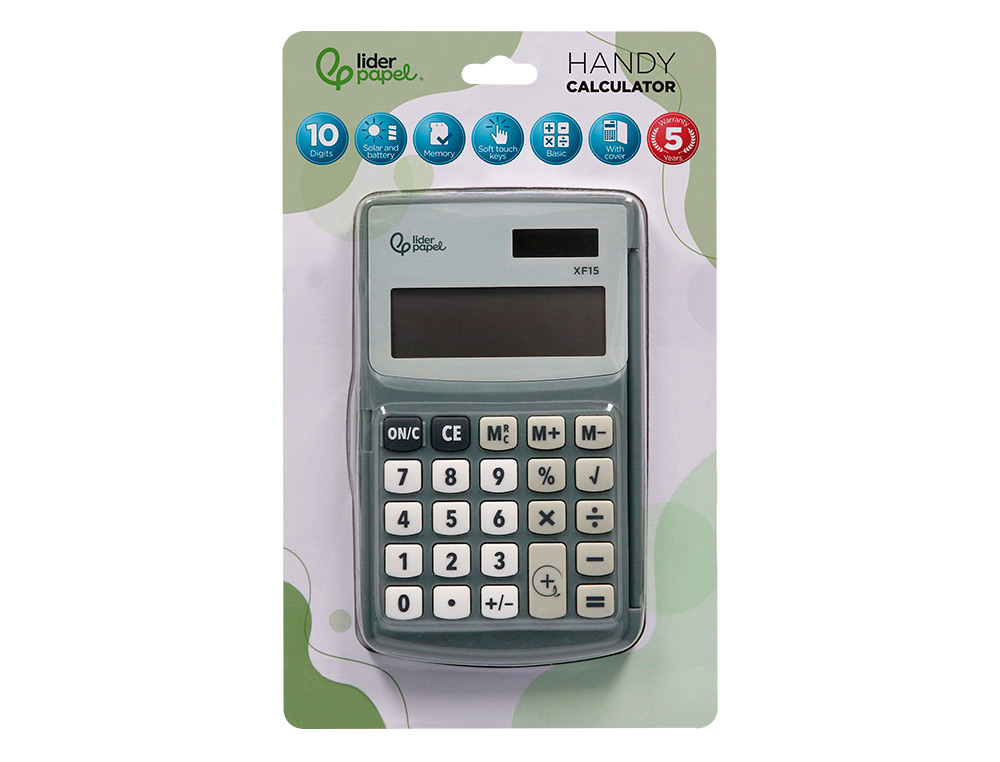 CALCULATRICE LIDERPAPEL DE POCHE XF15 10 CHIFFRES AVEC COUVERCLE SOLAIRE ET PILES COLORIS GRIS 123X75X12 MM