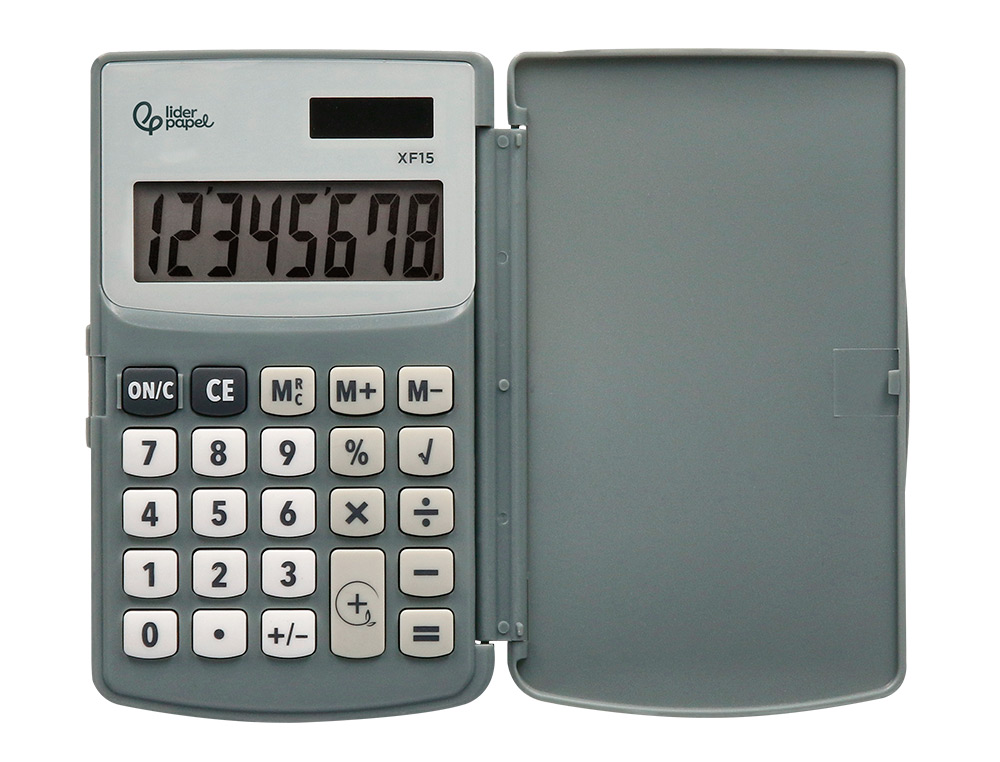 CALCULATRICE LIDERPAPEL DE POCHE XF15 10 CHIFFRES AVEC COUVERCLE SOLAIRE ET PILES COLORIS GRIS 123X75X12 MM