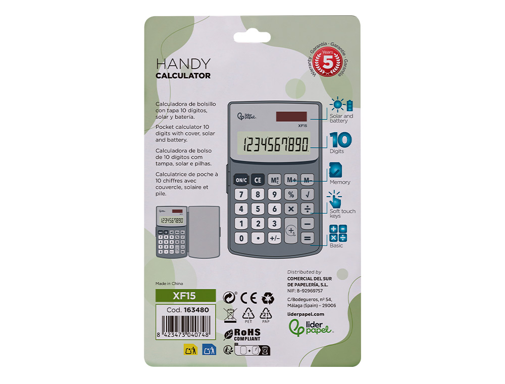 CALCULATRICE LIDERPAPEL DE POCHE XF15 10 CHIFFRES AVEC COUVERCLE SOLAIRE ET PILES COLORIS GRIS 123X75X12 MM