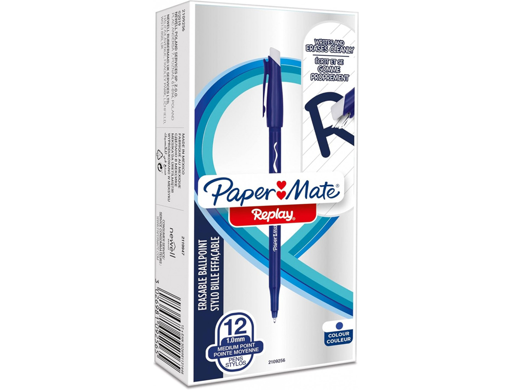 STYLO-BILLE PAPER MATE REPLAY COLORS GOMMMABLE POINTE MOYENNE 1,0MM TRACE 0,8MM COLORIS BLEU