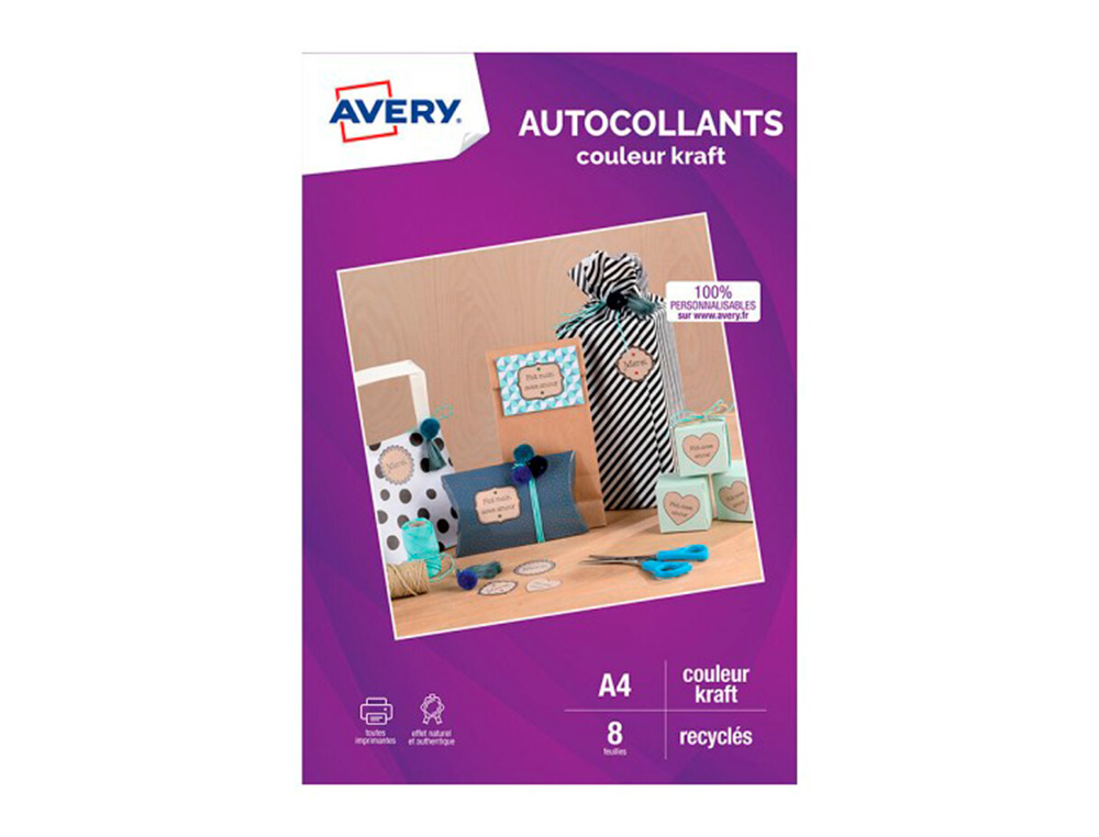 AUTOCOLLANT AVERY 100% RECYCLE A4 JET D ENCRE OU     LASER PAQUET DE 8 COLORIS     KRAFT