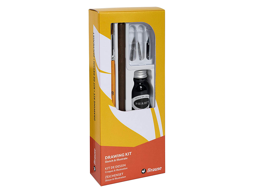 COFFRET PLUMES-DESSIN BRAUSE COMPOS  DE 1 PLUME EN BOIS 3  PLUMES 1 PINCEAU 1 FLACON     D'ENCRE NOIRE 15ML