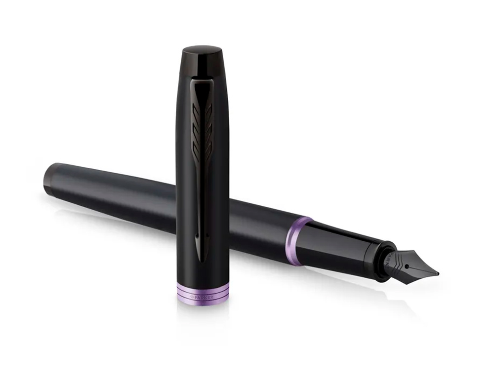STYLO-PLUME PARKER IM VIBRANT RINGS NOIR LAQUE DETAILS      VIOLET AMETHYSTE POINTE       MOYENNE ENCRE BLEU ETUI