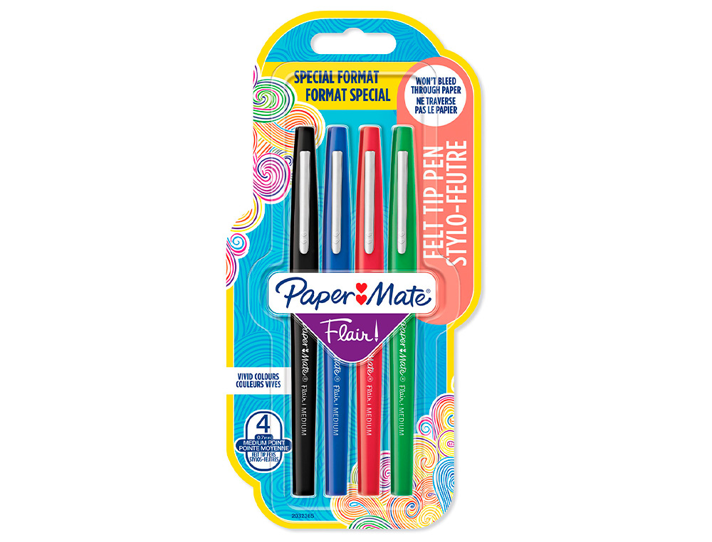 FEUTRE ECRITURE PAPER MATE FLAIR ORIGINAL POINTE MOYENNE 0,7MM ENCRES ASSORTIES ESTANDAR BLISTER 4