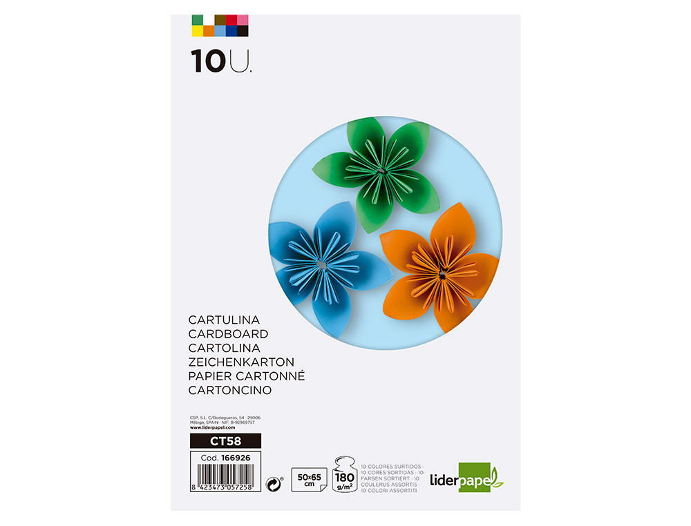 PAPIER CARTONNE LIDERPAPEL 50X65CM 180GR COLORIS ASSORTIS PAQUET 10 FEUILLES