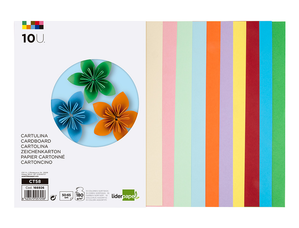 PAPIER CARTONNE LIDERPAPEL 50X65CM 180GR COLORIS ASSORTIS PAQUET 10 FEUILLES