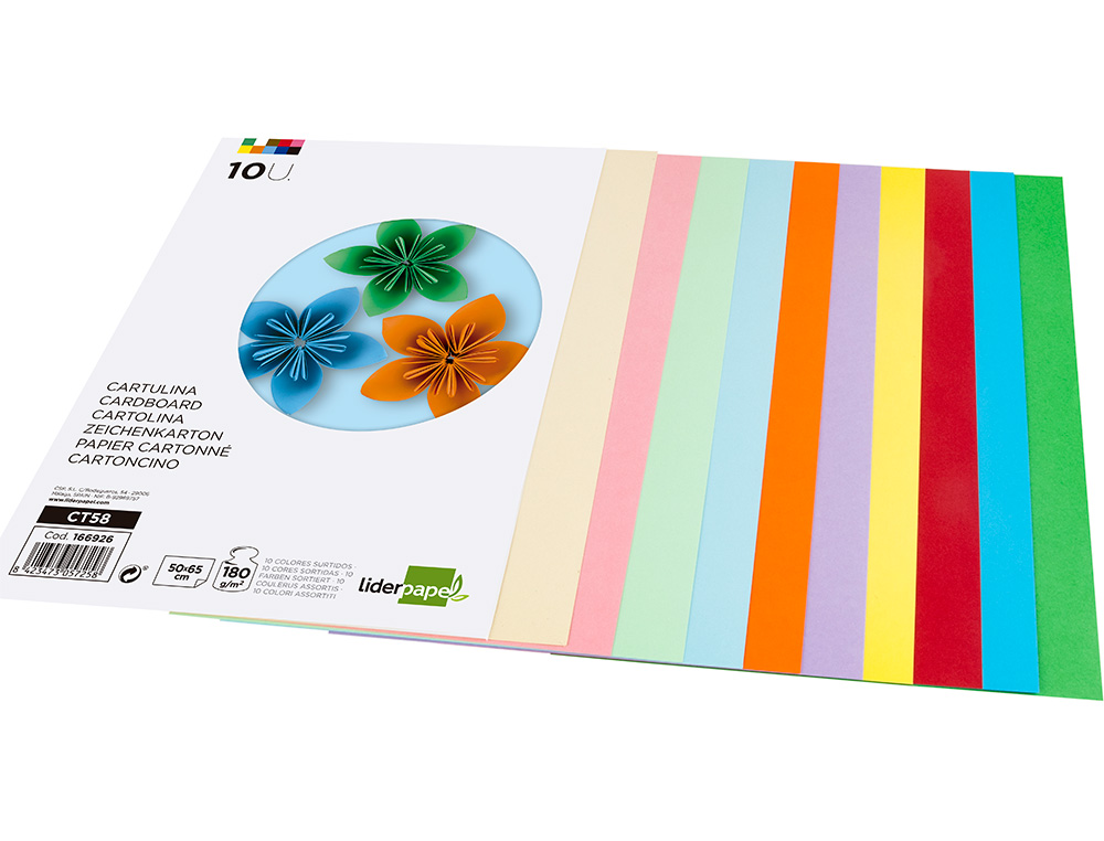 PAPIER CARTONNE LIDERPAPEL 50X65CM 180GR COLORIS ASSORTIS PAQUET 10 FEUILLES