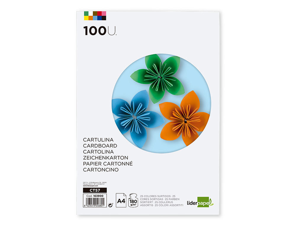 PAPIER CARTONNE LIDERPAPEL A4 180GR COLORIS ASSORTIS PAQUET 100 FEUILLES