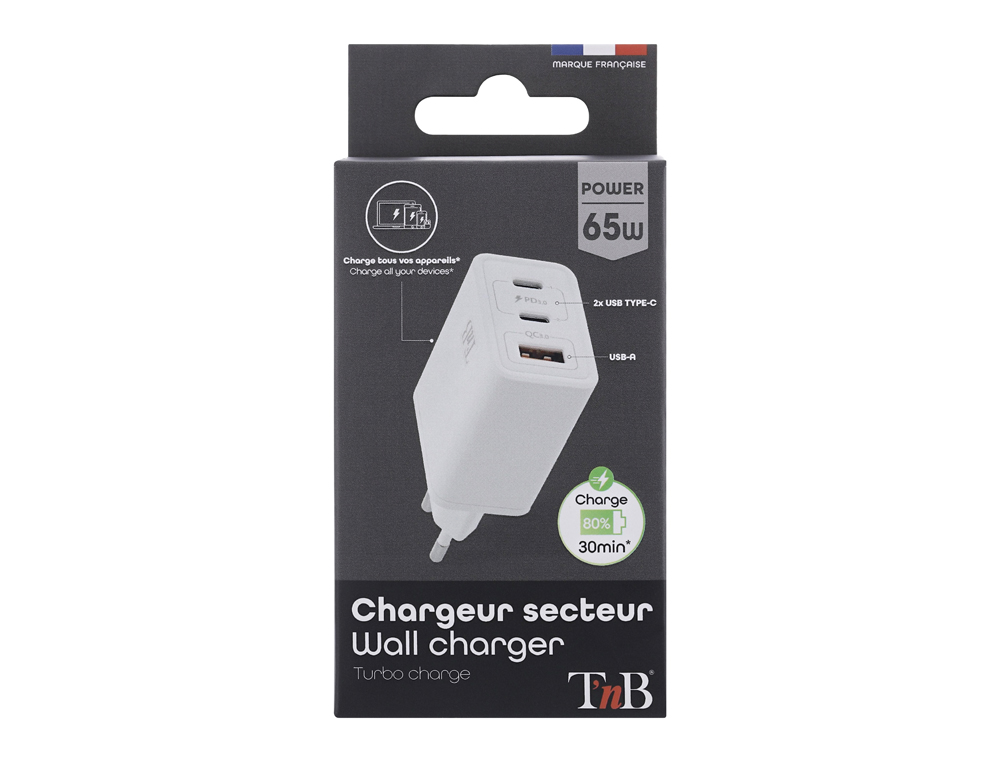 CHARGEUR T'NB GAN 2 USB-C POWER DELIVERY + 1 USB-A 65W  COLORIS BLANC