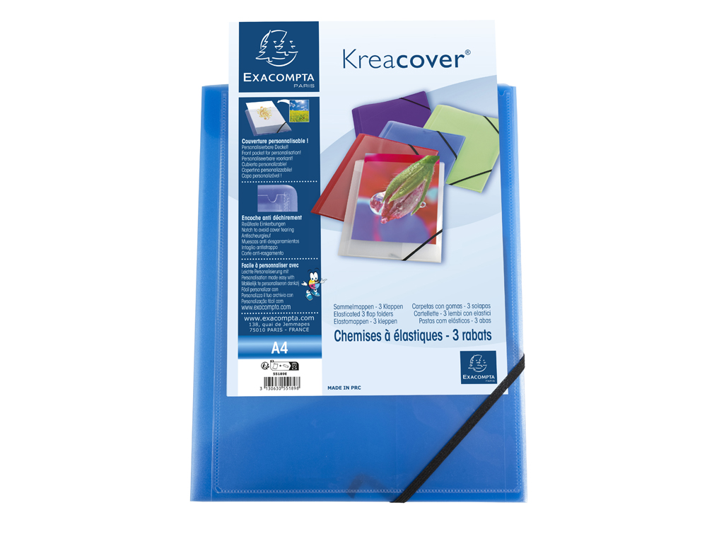 CHEMISE 3 RABATS EXACOMPTA KREA COVER A4 COUVERTURE      PERSONNALISABLE PP            TRANSPARENT COLORIS ASSORTIS