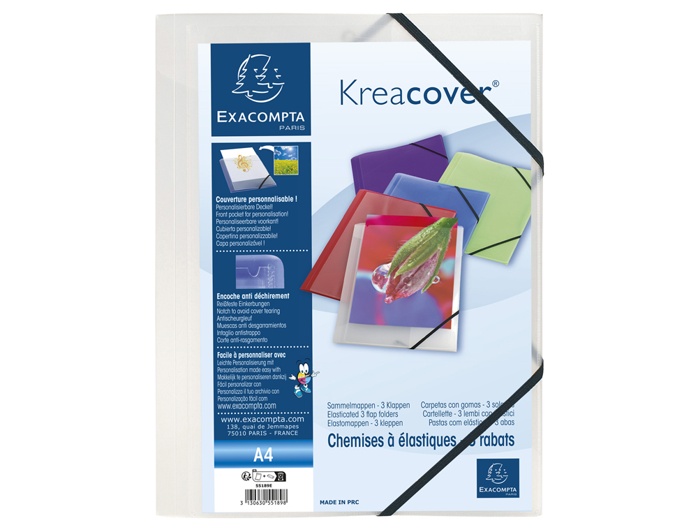 CHEMISE 3 RABATS EXACOMPTA KREA COVER A4 COUVERTURE      PERSONNALISABLE PP            TRANSPARENT COLORIS ASSORTIS