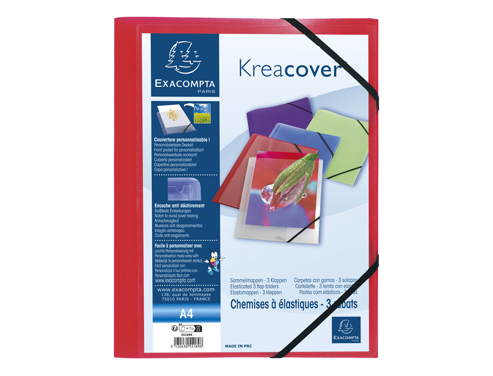 CHEMISE 3 RABATS EXACOMPTA KREA COVER A4 COUVERTURE      PERSONNALISABLE PP            TRANSPARENT COLORIS ASSORTIS