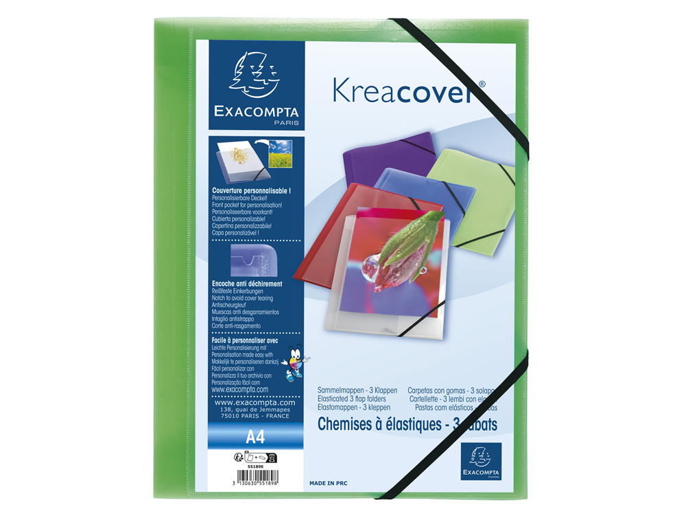 CHEMISE 3 RABATS EXACOMPTA KREA COVER A4 COUVERTURE      PERSONNALISABLE PP            TRANSPARENT COLORIS ASSORTIS