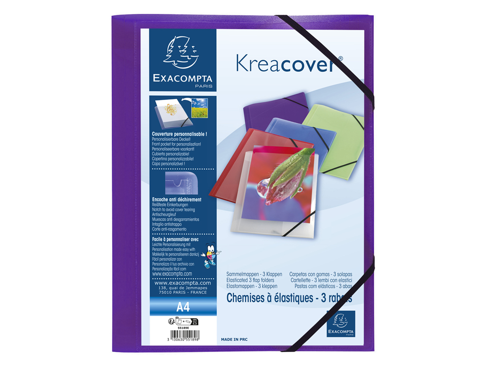 CHEMISE 3 RABATS EXACOMPTA KREA COVER A4 COUVERTURE      PERSONNALISABLE PP            TRANSPARENT COLORIS ASSORTIS