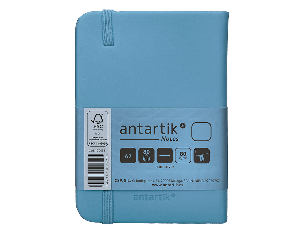 CARNET A7 ANTARTIK NOTES PAPIER UNI IVOIRE COUVERTURE RIGIDE FERMETURE ELASTIQUE 80 PAGES 80GR COLORIS BLEU CIEL