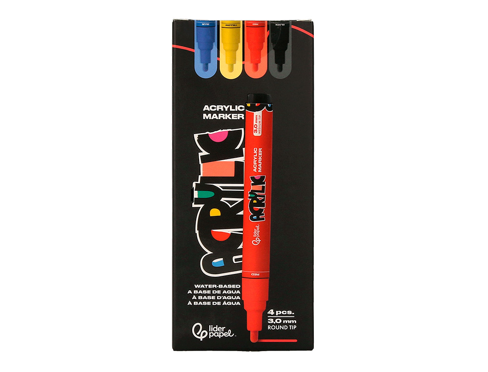 MARQUEUR LIDERPAPEL ACRYLIQUE BASE EAU TOUS SUPPORT POINTE RONDE 3MM COLORIS ASSORTIS BOITE 4 UNITES