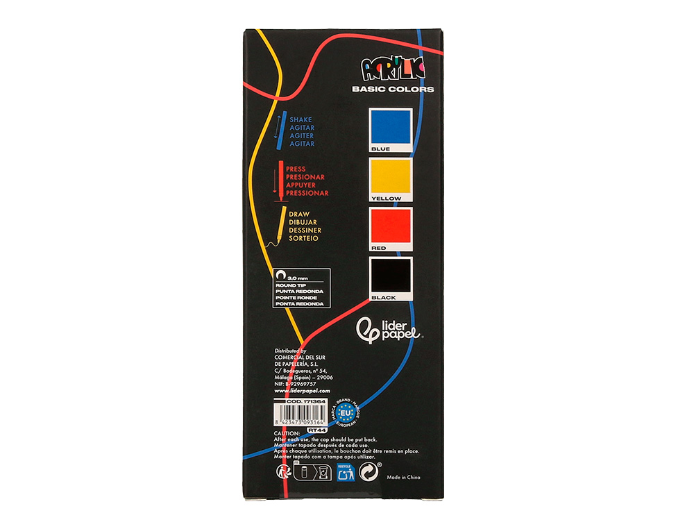 MARQUEUR LIDERPAPEL ACRYLIQUE BASE EAU TOUS SUPPORT POINTE RONDE 3MM COLORIS ASSORTIS BOITE 4 UNITES