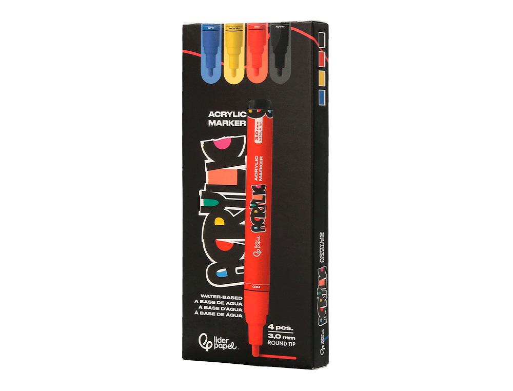 MARQUEUR LIDERPAPEL ACRYLIQUE BASE EAU TOUS SUPPORT POINTE RONDE 3MM COLORIS ASSORTIS BOITE 4 UNITES