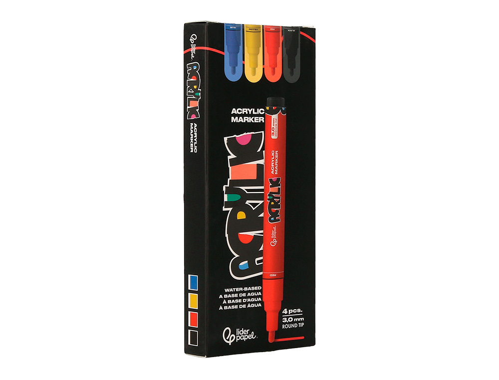 MARQUEUR LIDERPAPEL ACRYLIQUE BASE EAU TOUS SUPPORT POINTE RONDE 3MM COLORIS ASSORTIS BOITE 4 UNITES
