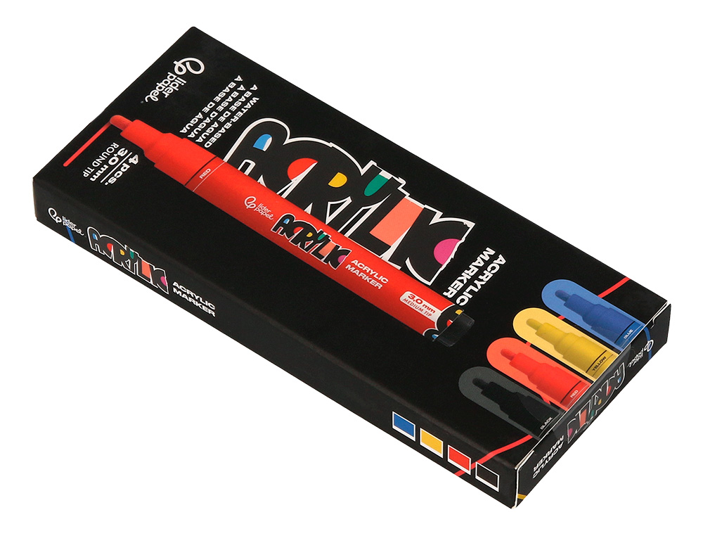 MARQUEUR LIDERPAPEL ACRYLIQUE BASE EAU TOUS SUPPORT POINTE RONDE 3MM COLORIS ASSORTIS BOITE 4 UNITES