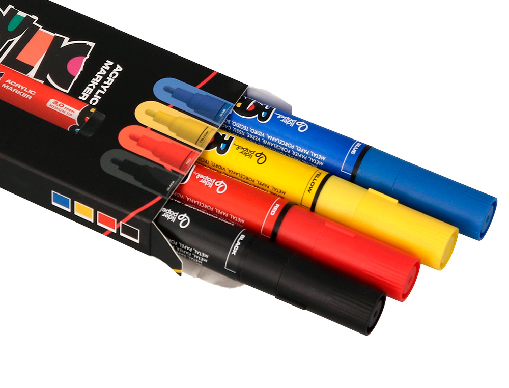 MARQUEUR LIDERPAPEL ACRYLIQUE BASE EAU TOUS SUPPORT POINTE RONDE 3MM COLORIS ASSORTIS BOITE 4 UNITES