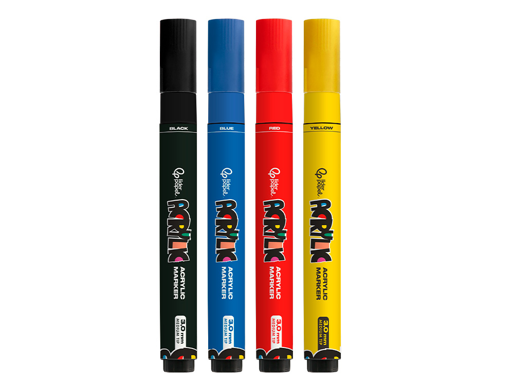 MARQUEUR LIDERPAPEL ACRYLIQUE BASE EAU TOUS SUPPORT POINTE RONDE 3MM COLORIS ASSORTIS BOITE 4 UNITES