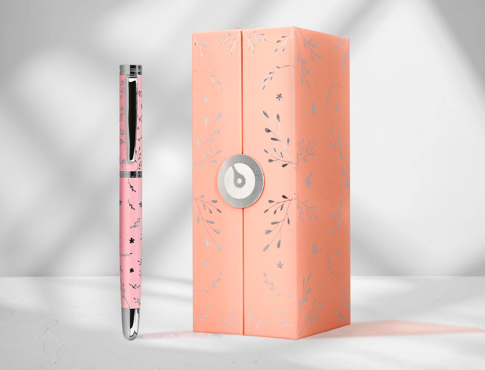 STYLO-PLUME BELIUS COLLECTION1 ALUMINIUM ENCRE BLEUE COLORIS ROSE DESIGN RELIEF ARGENTE BOITE DESIGN