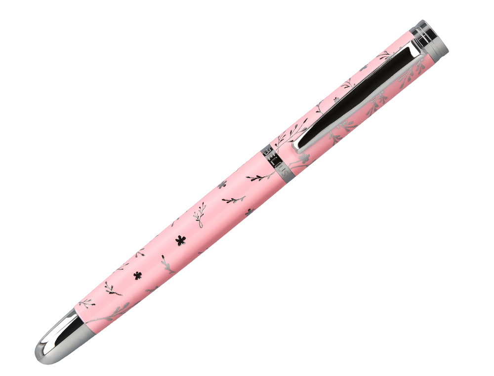 STYLO-PLUME BELIUS COLLECTION1 ALUMINIUM ENCRE BLEUE COLORIS ROSE DESIGN RELIEF ARGENTE BOITE DESIGN
