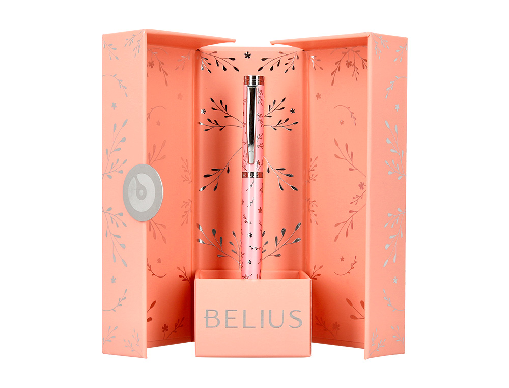 STYLO-PLUME BELIUS COLLECTION1 ALUMINIUM ENCRE BLEUE COLORIS ROSE DESIGN RELIEF ARGENTE BOITE DESIGN