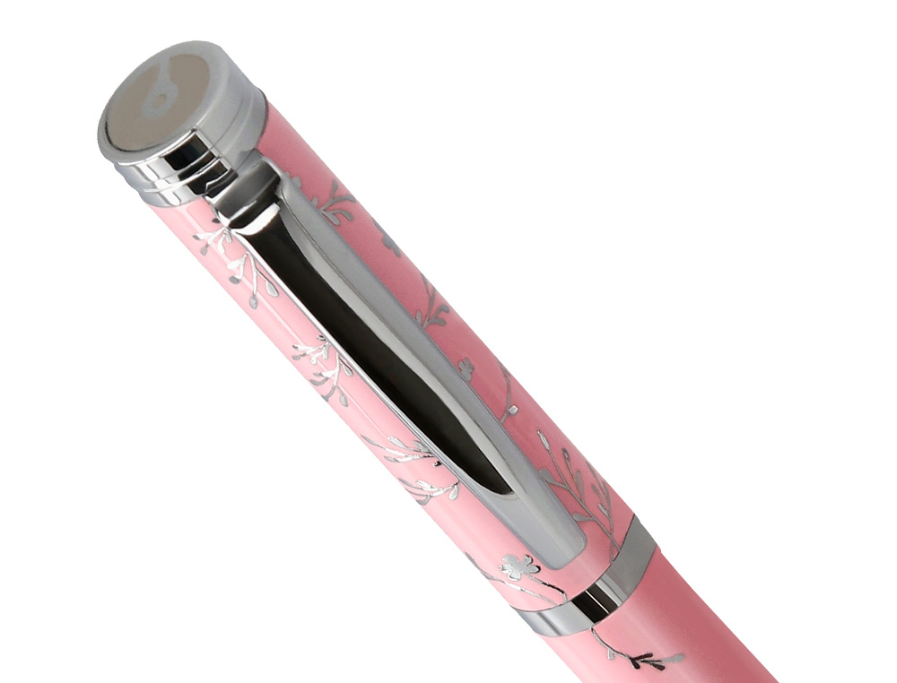 STYLO-PLUME BELIUS COLLECTION1 ALUMINIUM ENCRE BLEUE COLORIS ROSE DESIGN RELIEF ARGENTE BOITE DESIGN