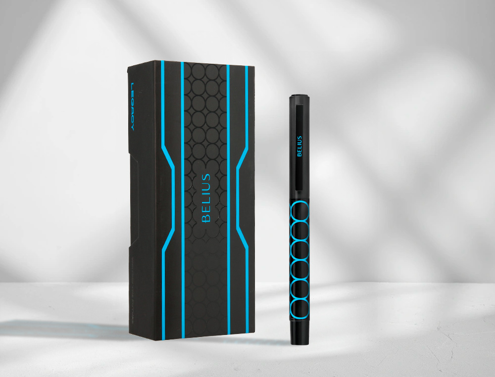 STYLO-BILLE BELIUS LEGACY ALUMINIUM ENCRE BLEUE DESIGN CERCLES BLEUX CORPS NOIR BOITE DESIGN