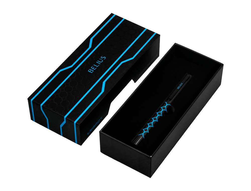 STYLO-BILLE BELIUS LEGACY ALUMINIUM ENCRE BLEUE DESIGN CERCLES BLEUX CORPS NOIR BOITE DESIGN