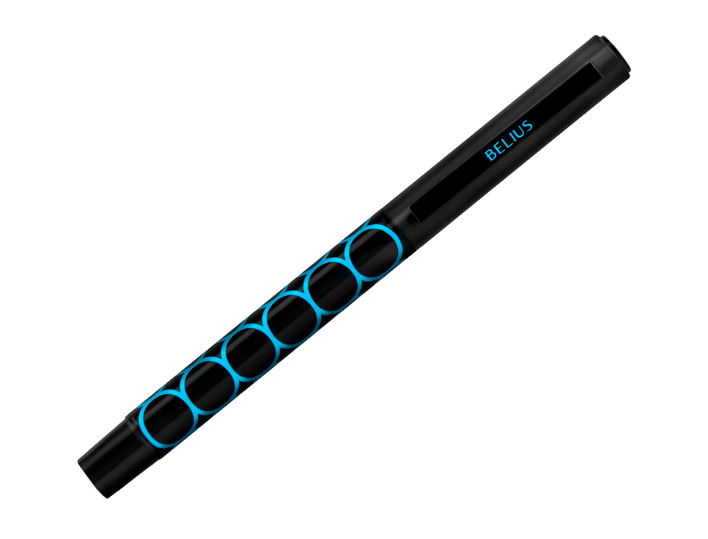 STYLO-BILLE BELIUS LEGACY ALUMINIUM ENCRE BLEUE DESIGN CERCLES BLEUX CORPS NOIR BOITE DESIGN