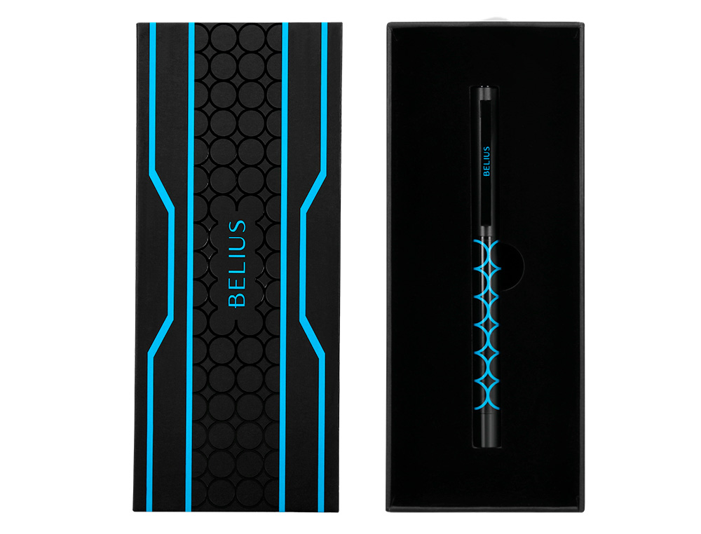 STYLO-BILLE BELIUS LEGACY ALUMINIUM ENCRE BLEUE DESIGN CERCLES BLEUX CORPS NOIR BOITE DESIGN