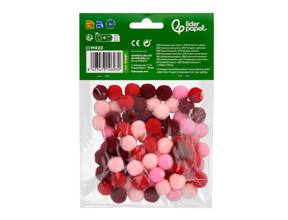 POMPONS DE COULEUR LIDERPAPEL DIAMETRE 1,5CM COLORIS        NUANCES ROUGE ASSORTIS SACHET 80 UNITES