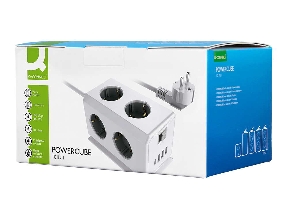 MULTIPRISE Q-CONNECT 10 EN 1 CABLE 1,4M 6 PRISES COURANT 3 PORTS USB 1 PORT USB-C        140X76X87 MM