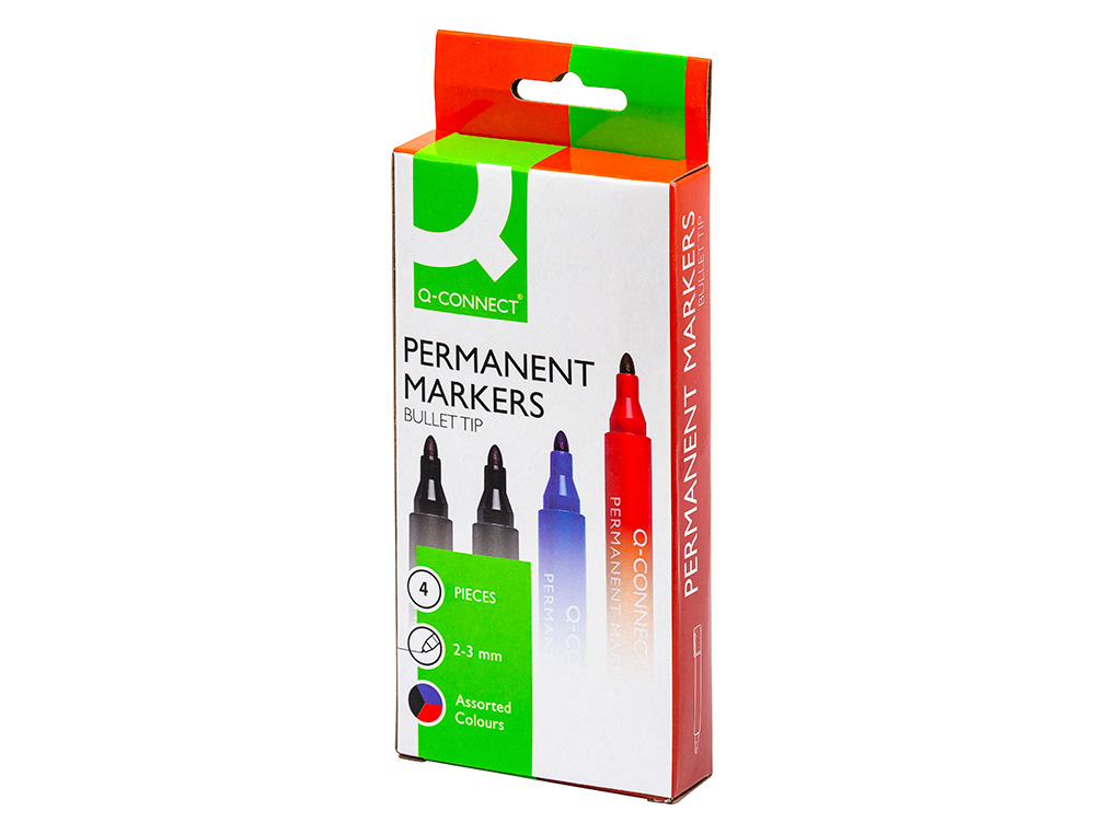 MARQUEUR Q-CONNECT PERMANENT POINTE OGIVE TRACÉ 3MM RÉSISTANTE CORPS PLASTIQUE POCHETTE 4 UNITÉS