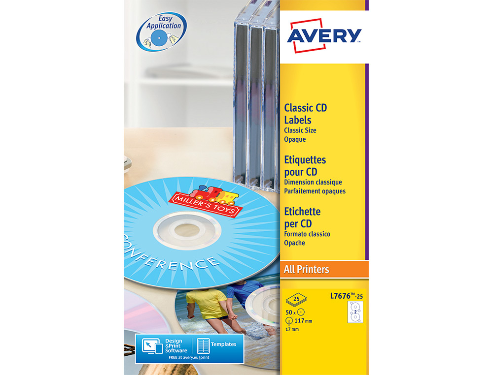 ÉTIQUETTE ADHÉSIVE AVERY CD DIAMÈTRE 117MM LASER COMPATIBLE JET ENCRE COPIEUR MAXICOUVRANTE POCHETTE 50 UNITÉS