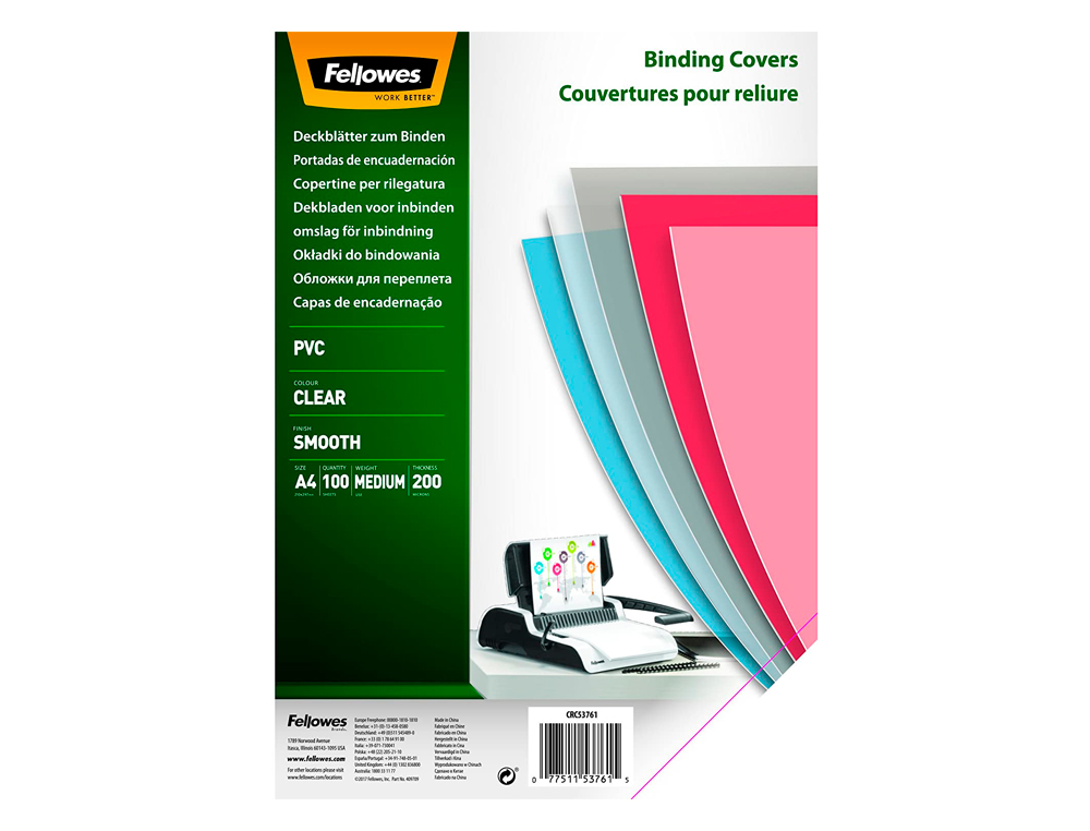 COUVERTURE FELLOWES PVC TRANSPARENT GRAMMAGE PRESTIGE 20/100E FORMAT A4 PAQUET 100 UNITÉS