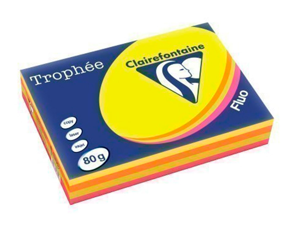 PAPIER COULEUR CLAIREFONTAINE TROPHE MULTIFONCTION A4 80G/M2 COULEURS ASSORTIES FLUORESCENTES PAQUET 500 FEUILLES