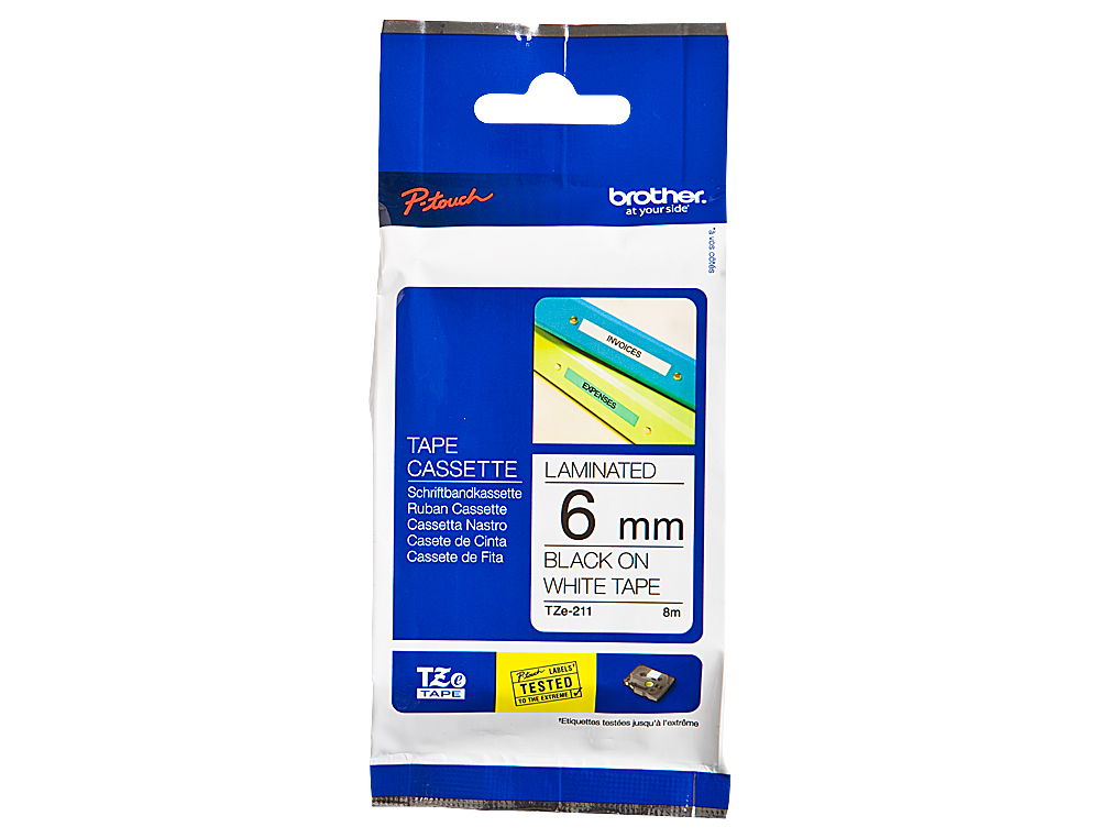 RUBAN LAMIN TZE POUR TITREUSE BROTHER P-TOUCH TZE211 6MM COLORIS IMPRESSION NOIR/BLANC