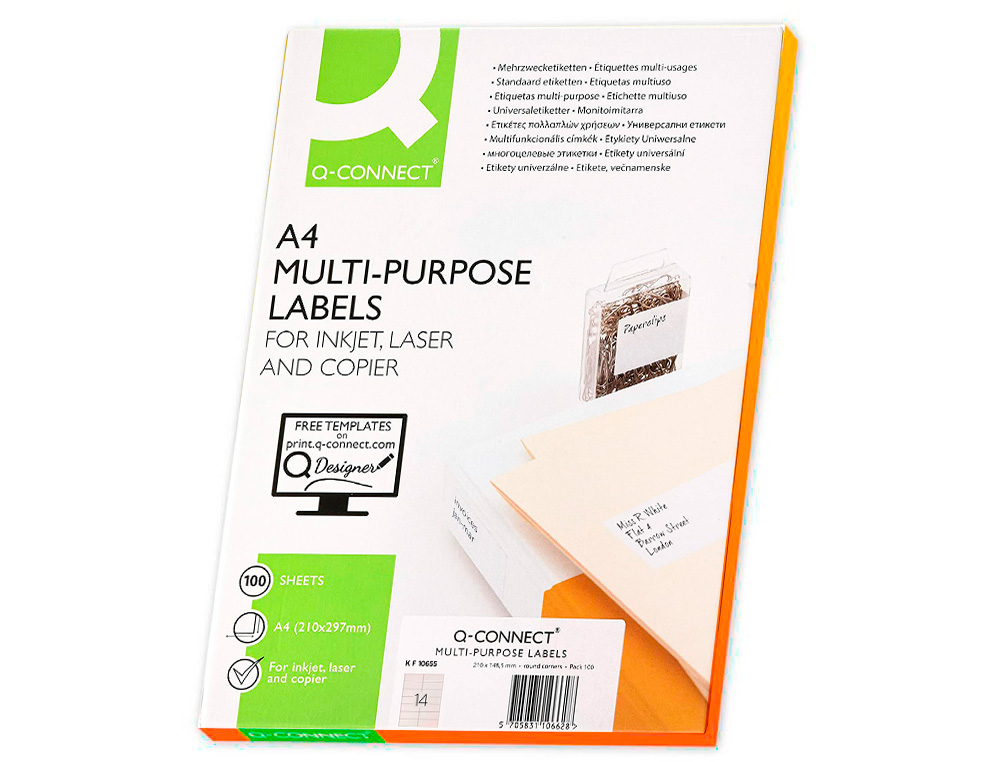 ÉTIQUETTE ADHÉSIVE Q-CONNECT 105X42MM COINS DROITS IMPRIMANTE JET D'ENCRE LASER COPIEUR BOÎTE 100 FEUILLES 1400 UNITÉS