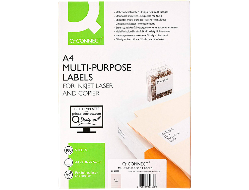 ÉTIQUETTE ADHÉSIVE Q-CONNECT 105X42MM COINS DROITS IMPRIMANTE JET D'ENCRE LASER COPIEUR BOÎTE 100 FEUILLES 1400 UNITÉS